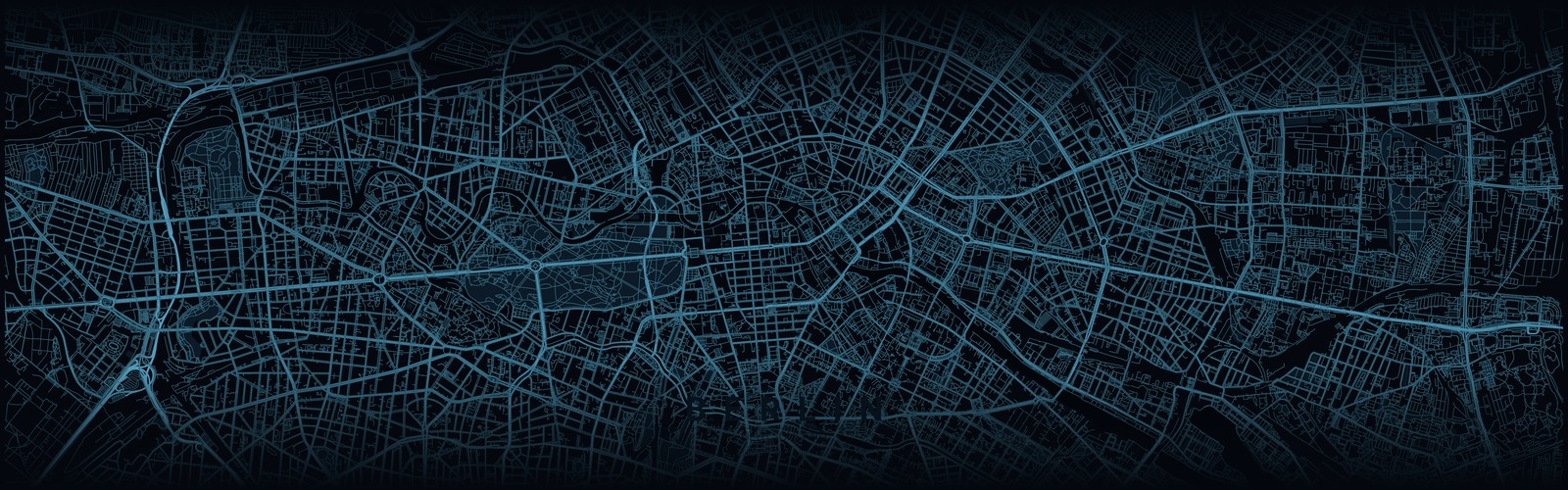 Dunkle Stadtkarte von Berlin mit der Spree im TEAM-HYBRID-Stil – Austragungsort des HYROX Race 2025 auf dem Tempelhofer Feld