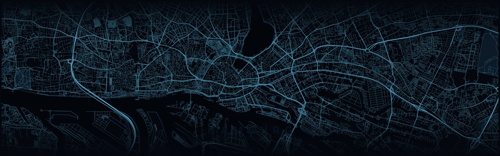 Dunkle Stadtkarte von Hamburg mit Alster und Elbe im TEAM-HYBRID-Stil – Austragungsort des HYROX Race 2025 in der Hamburg Messe