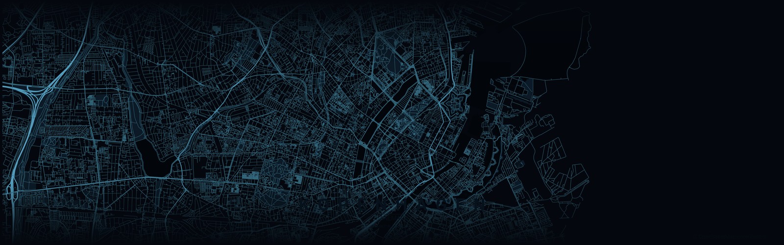 Dunkle Stadtkarte von Kopenhagen mit Hafen im TEAM-HYBRID-Stil – Austragungsort des HYROX Race 2025 im Bella Center