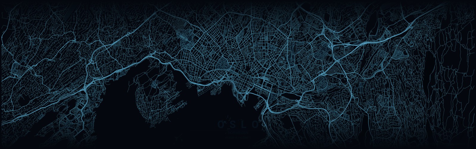 Dunkle Stadtkarte von Oslo mit dem Oslofjord im TEAM-HYBRID-Stil – Austragungsort des HYROX Race 2025 im Oslo Spektrum