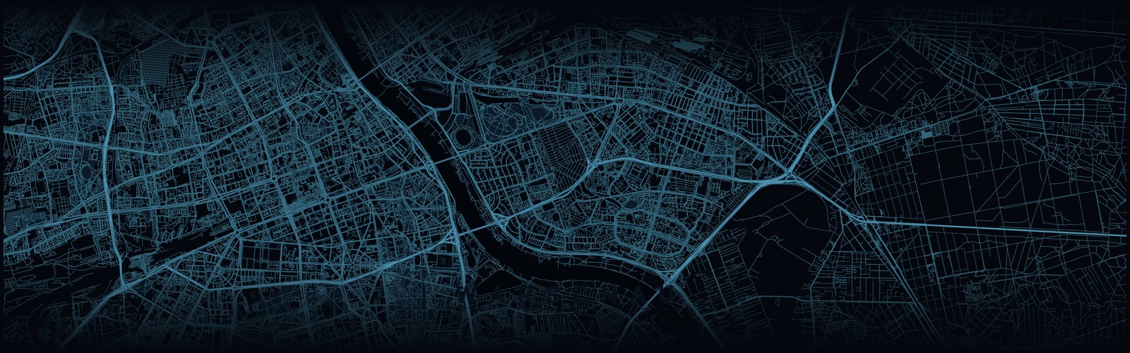 Dunkle Stadtkarte von Warschau mit der Weichsel im TEAM-HYBRID-Stil – Austragungsort des HYROX Race 2025 im PGE Narodowy