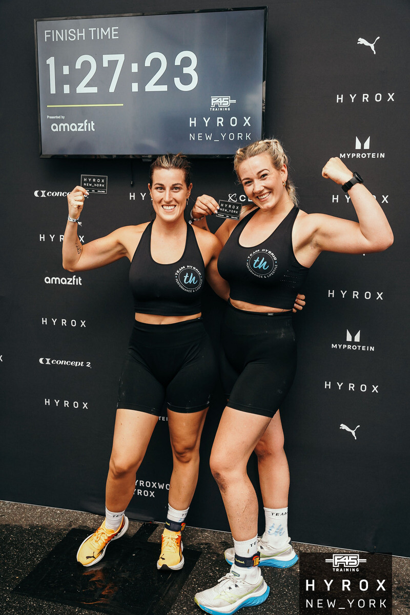 Zwei TEAM-HYBRID-Athletinnen feiern vor der Anzeigetafel mit ihrer Finisher-Zeit von 1:27:23 beim HYROX New York 2025